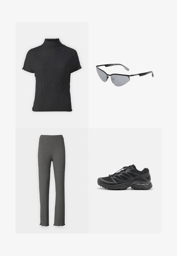 Fekete, rövid ujjú, garbós felső, könnyű anyagból készült, sima tapintású és testhez simuló fazonú, magas nyakkal.; Szürke bordás kötött nadrág, mely testhezálló fazonú, fodros szegéllyel és rugalmas derékkal rendelkezik. Az anyag texturált mintákkal díszített.; Fekete futócipő hálós és szintetikus felsőrésszel, rugalmas talppal és elasztikus fűzőkkel. Párnázott középtalppal rendelkezik a kényelem érdekében.; Fekete napszemüveg éles, macska-szem kialakítással. Ezüst tükörlencsék. Karcsú, könnyű műanyag keret, diszkrét logóval a szárakon.