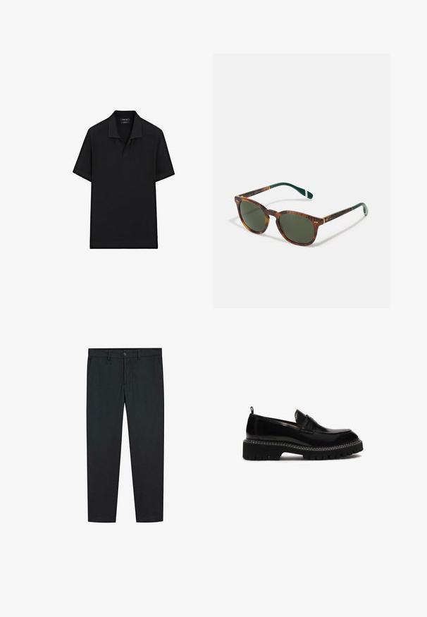 Sort kortærmet polo skjorte med struktureret stof, klassisk krave og en tre-knaps lukning. Enkel og ubrugt design.; Sorte bukser med lige ben design, lavet af glat stof. Har to forlommer og en knaplukning i taljen.; Sorte læderslippers med rund tå, kraftig struktureret sål, dekorativ syning og en lille hæl. Har en træksløjfe bagpå.; Skildpaddemønstret solbriller med grønne linser, rund form, guld detaljer og mørkegrønne stænger med en hvid stribe.