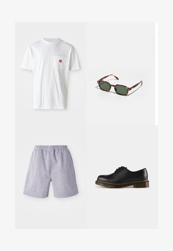 T-shirt en coton blanc avec un col rond et des manches courtes. Présente un petit logo en forme de cœur rouge sur la poche gauche de la poitrine.; Shorts rayés bleu clair avec une taille élastique, fabriqués à partir d'un tissu doux. Dispose de poches latérales et d'une coupe décontractée, idéales pour une tenue décontractée.; Chaussure en cuir noir avec un bout arrondi, design à lacets, couture jaune le long de la semelle et une semelle en caoutchouc texturée et épaisse.; Lunettes de soleil en écaille de tortue avec des verres verts, présentant une forme octogonale et des branches minces et courbées. Le matériau a une finition brillante.