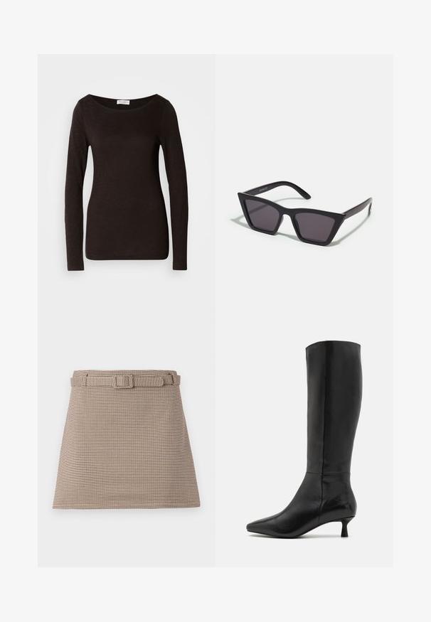 Černé dlouhé rukávy, přiléhavé tričko s kulatým výstřihem, které má mírnou texturu a malou bílou značkovou etiketu na krku uvnitř límce.; Hnědobéžové šortky s houndstooth vzorem, s páskem v oblasti pasu, čistými liniemi, elegantní strukturou a hladkým materiálem.; Zign Vysoká obuv - black; Černé, ostré sluneční brýle s šedými skly; vyrobené z plastu, s mohutnými rameny a hladkým povrchem bez viditelného hardwaru.
