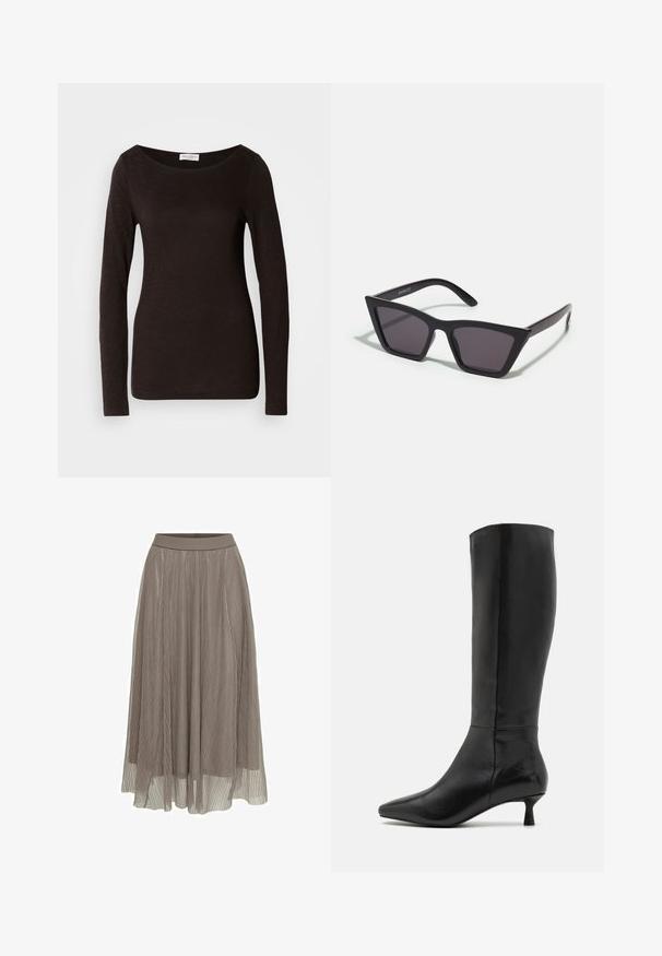 Svart långärmad åtsittande t-shirt med rund halsringning, med en lätt struktur och en liten vit märkesetikett innerst i kragen.; Plisserad maxikjol i taupe, med en slät midja och en flödande silhuett. Tillverkad av lätt, genomskinligt material med fin textur.; Zign Stövel - black; Svarta, vinklade solglasögon med grå linser; tillverkade av plast, med tjocka skalmar med en slät yta och utan synlig hårdvara.; Brun läderhandväska med två stadiga handtag, rektangulär form, slät yta och dragkedjestängning. Minimalistisk design utan synliga mönster.