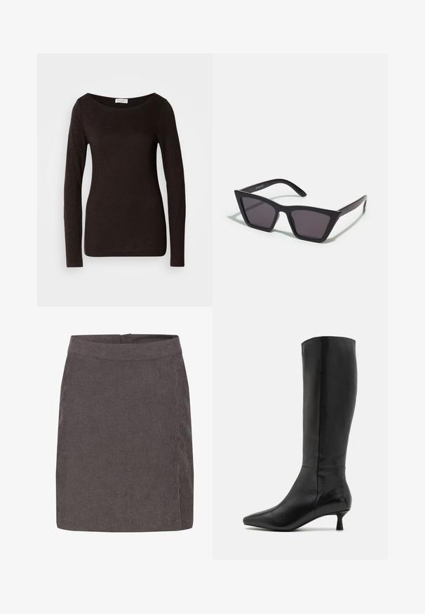 Maglietta nera a maniche lunghe aderente con collo a giro e una leggera texture, e un piccolo etichetta bianca del marchio all'interno del colletto.; Kaffe VERA - Gonna a campana - major brown c; Zign Stivali alti - black; Occhiali da sole neri e angolari con lenti grigie; realizzati in plastica, con aste spesse dalla superficie liscia e senza hardware visibile.