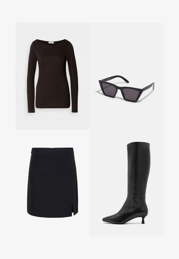 Juodas ilgomis rankovėmis prigludęs marškinėliai su apvalia iškirpte, turintys šiek tiek tekstūros ir mažą baltą prekės ženklą etiketėje apykaklės viduje.; Juodas mini sijonas, pagamintas iš lygios medžiagos, turi prigludusią juosmenį, šoninės įpjovos ir paslėptą užtrauktuką nugaroje.; Zign Batai - black; Juodos, kampuotos saulės akinios su pilkais stiklais; pagaminti iš plastiko, su storomis šakėmis, turinčiomis lygų paviršių ir be matomų detalių.