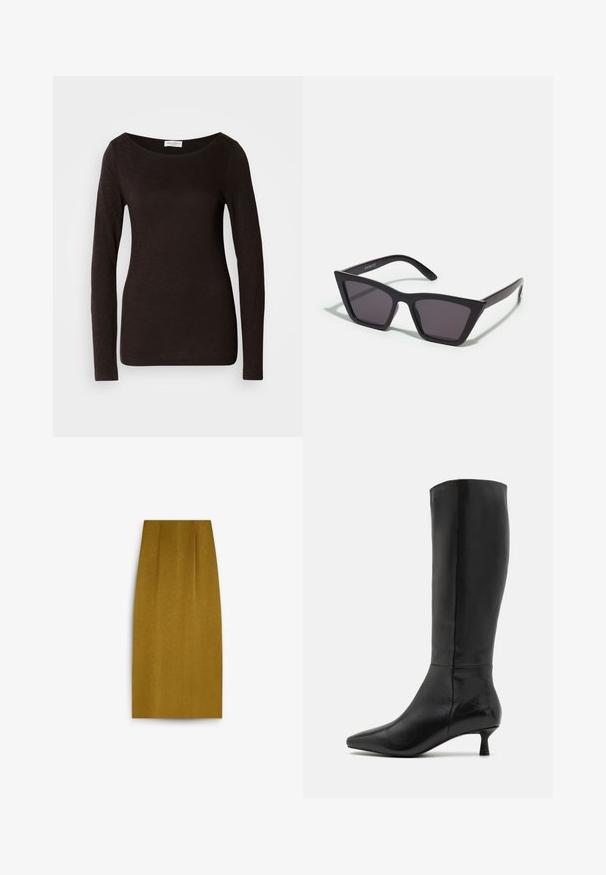 Maglietta nera a maniche lunghe aderente con collo a giro e una leggera texture, e un piccolo etichetta bianca del marchio all'interno del colletto.; Gonna a matita giallo senape con lunghezza fino al ginocchio, dal tessuto liscio, caratterizzata da una silhouette diritta e sottili pieghe frontali.; Zign Stivali alti - black; Occhiali da sole neri e angolari con lenti grigie; realizzati in plastica, con aste spesse dalla superficie liscia e senza hardware visibile.; Borsa bordeaux con silhouette curva e manico corto, dotata di una zip dorata e di un logo Calvin Klein discreto sul davanti.