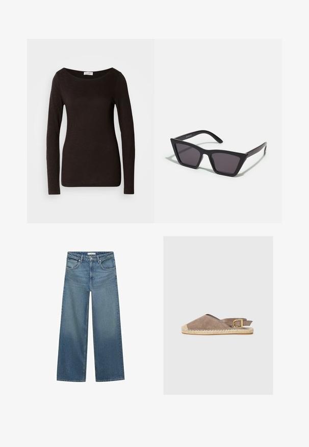 Maglietta nera a maniche lunghe aderente con collo a giro e una leggera texture, e un piccolo etichetta bianca del marchio all'interno del colletto.; Jeans a gamba larga di colore blu chiaro realizzati in denim, con vita a media altezza, due tasche frontali e dettagli di cucitura classici.; Sandal in suede con tacco slingback in taupe, con punta a punta, dettagli in juta intrecciata e un'accento di fibbia dorata sulla cinghia.; Occhiali da sole neri e angolari con lenti grigie; realizzati in plastica, con aste spesse dalla superficie liscia e senza hardware visibile.; Borsa a mano in pelle marrone con due manici robusti, forma rettangolare, texture liscia e chiusura con zip. Design minimalista senza motivi visibili.