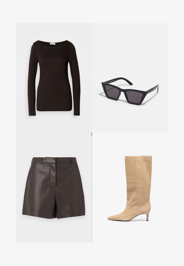 Schwarzes, langärmliges, figurbetontes T-Shirt mit Rundhalsausschnitt, leicht strukturiert und mit einem kleinen weißen Markenlabel am Hals innen im Kragen.; Braune Ledershorts mit glatter Textur, ausgestattet mit einer Vordernaht, Gürtelschlaufen und zwei Seitentaschen. Ausgelegt für eine taillierte Silhouette.; Beige Wildleder Kniefallstiefel mit spitzem Zehen und schlankem Absatz. Verfügt über vertikale Nähte entlang des Schafts für zusätzliche Details.; Schwarze, eckige Sonnenbrille mit grauen Gläsern; aus Kunststoff gefertigt, mit dicken Bügeln, die eine glatte Oberfläche und keine sichtbaren Beschläge haben.