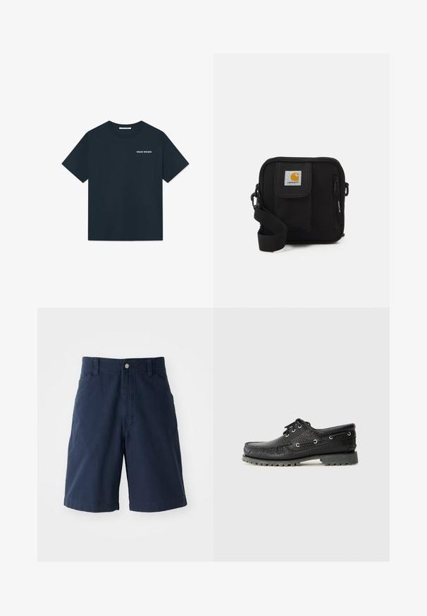 Mörkblå T-shirt i bomull med rund hals och korta ärmar. En liten vit logotyp är tryckt på vänster bröst.; Marinblå bomullsshorts med platt front, två sidofickor och en enstaka knappstängning i midjan. Klassisk rak bendesign.; Svart texturerad snörsko med rund tå, metallöglor och en robust grå gummisula. Har ett vävt mönster på ovandelen.; Svart korsväska med ett blixtlåstaget huvudfack, framsida ficka, justerbar rem och en synlig logotyp på klaffen.