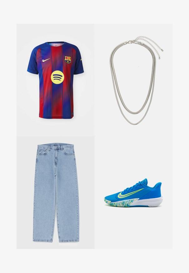 FC Barcelona-trøje med blå og røde lodrette striber, Nike-logo og Spotify-grafik i midten. Fremstillet af åndbart stof.; Lyseblå denimjeans med straight leg-design, der har en mid-rise talje, fem lommer og en lukning med knap og lynlås.; Blå atletiksko med en tekstureret overdel, neongule accenter og en mønstret sål med blå og grønne nuancer. Glat, elegant design.; Tre-lags sølvmetal halskæde med slanke, flexible kæder med en let glans, sikret med en hummerlås og justerbar kæde.