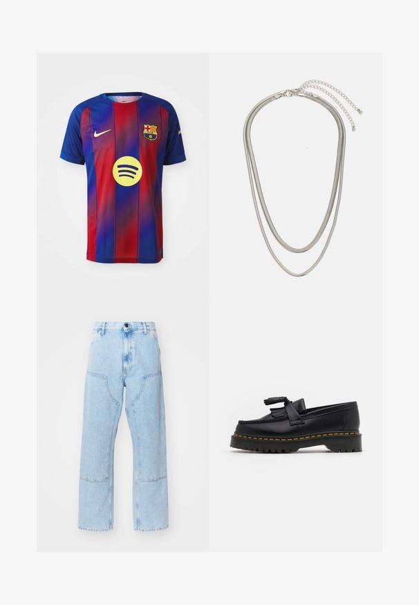 Camisa do FC Barcelona com riscas verticais azuis e vermelhas, logotipo da Nike e gráfico do Spotify no centro. Feita de tecido respirável.; Jeans de denim de perna reta, azul claro, com grandes bolsos frontais e costura em contraste. O tecido tem uma textura suave e desbotada.; Mocassim de couro preto com um detalhe de franjas, apresentando uma sola preta robusta e costura amarela ao longo da borda. Acabamento texturizado.; Colar de metal prateado em três camadas, com correntes flexíveis e elegantes que possuem um leve brilho, fechado com um fecho de lagosta e corrente ajustável.