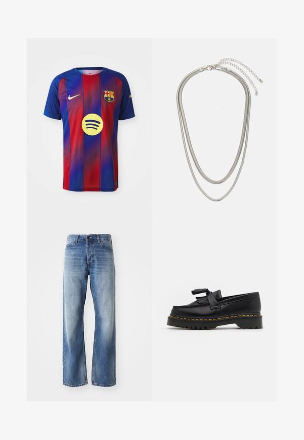 Maillot du FC Barcelone avec des rayures verticales bleues et rouges, logo Nike et graphique Spotify au centre. Fabriqué en tissu respirant.; Jean en denim bleu à jambes droites avec un léger délavage sur les cuisses et les genoux, comprenant cinq poches et une fermeture à bouton.; Mocassin en cuir noir avec un accent à frange, doté d'une semelle épaisse noire et d'une couture jaune le long du bord. Fini texturé.; Collier en métal argenté à trois couches présentant des chaînes flexibles et élégantes avec un léger éclat, sécurisé par un fermoir en forme de homard et une chaîne ajustable.