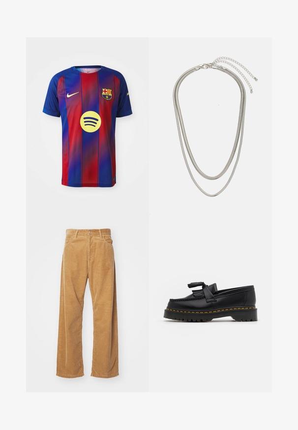 Maillot du FC Barcelone avec des rayures verticales bleues et rouges, logo Nike et graphique Spotify au centre. Fabriqué en tissu respirant.; Pantalon large en velours côtelé de couleur beige. Présente des côtes verticales texturées, une taille standard et deux poches avant.; Mocassin en cuir noir avec un accent à frange, doté d'une semelle épaisse noire et d'une couture jaune le long du bord. Fini texturé.; Collier en métal argenté à trois couches présentant des chaînes flexibles et élégantes avec un léger éclat, sécurisé par un fermoir en forme de homard et une chaîne ajustable.