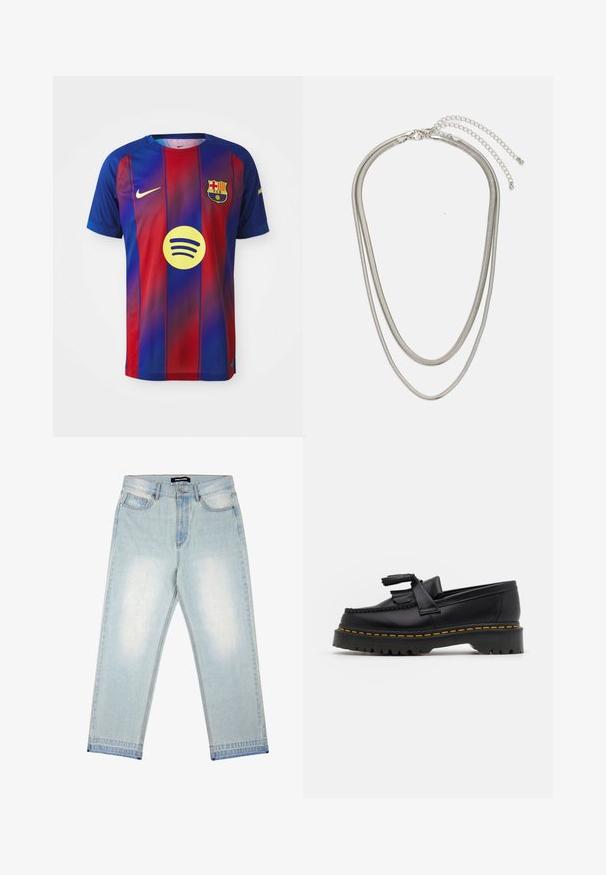 FC Barcelona jalgpallivorm, millel on sinised ja punased vertikaalsed triibud, Nike logo ja Spotify graafika keskel. Valmistatud hingavast kangast.; Pegador BARROW - Loose fit teksad - sand washed blue; Mustmust musta loafer, millel on frantsiisi aktsent, paks must tald ja kollane õmblus servas. Tekstuuriga viimistlus.; Kolmekihiline hõbedane metallkaelakee, mis on valmistatud peentest, paindlikest kettidest kerge läikega, kinnitatud krabi sulguri ja reguleeritava ketiga.