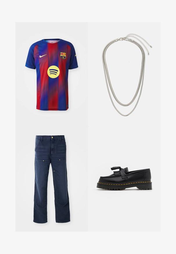 FC Barcelona-jersey met blauwe en rode verticale strepen, Nike-logo en Spotify-afbeelding in het midden. Gemaakt van ademende stof.; Marineblauwe cargobroeken van denim, met een recht model, voorzakken en gouden knoopaccenten.; Zwarte leren loafers met een franjesaccent, voorzien van een dikke zwarte zool en gele stiksels langs de rand. Gevoelige afwerking.; Driedelige zilveren metalen halsketting met slanke, flexibele kettingen met een lichte glans, beveiligd met een karabijnhaak en een verstelbare ketting.