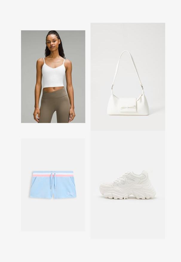 Fehér, rövidített pántos top, V-nyakkivágással. Magas derékú, világosbarna leggings-hez párosítva. Simaságot sugalló anyagtextúra.; Világoskék velúr rövidnadrág rózsaszín és fehér csíkos derékpánttal, húzózsinóros záródással és oldalzsebekkel. Fehér "Juicy" hímzéssel díszítve.; Fehér, vastag talpú sportcipők, textúrált felsőrésszel, hálós panelek árnyékolásával és vastag, kiemelkedő mintázatú gumitalppal. Zsinórok és húzófül tartozik hozzá.; Fehér szintetikus kézitáska, háromszög alakú, lapos előlap, masni részlettel, állítható pánttal, sima textúrával és minimalista dizájnnal.