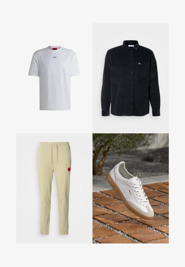 Tricou alb din bumbac cu mâneci scurte, decolteu în formă rotundă și un logo negru "HUGO" pe piept. Textură netedă, croială casual, fără modele.; Cămașă din catifea neagră cu mânecă lungă, închidere cu nasturi, guler ascuțit și buzunar pe pieptul stâng, având un mic logo verde.; Pantaloni de trening bej deschis, fabricați dintr-un material moale, având un brâu cu șnur, buzunare laterale și o etichetă roșie cu logo pe coapsa dreaptă.; Sneakers din piele albă cu accente din suede bej, având vârful rotund, șireturi frontale și talpa din cauciuc bej, inscripționate cu numele brandului "BOSS."