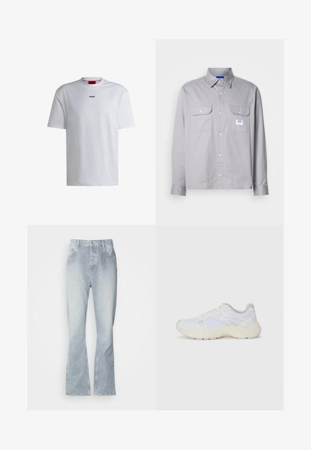 T-shirt bianco in cotone con maniche corte, scollo rotondo e logo nero "HUGO" sul petto. Tessuto liscio, vestibilità casual, senza fantasie.; Camicia grigia a maniche lunghe in cotone, con colletto button-down, due tasche sul petto e una piccola etichetta con il marchio sulla tasca sinistra.; Jeans a righe blu chiaro con taglio a gamba larga, dotati di chiusura a bottone, tasche frontali e una leggera scoloritura all'orlo.; Scarpe da ginnastica bianche in mesh e suede, con una suola intermedia testurizzata, dettagli testurizzati e il logo "HUGO" sul lato.