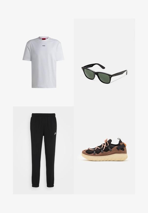 Bílá bavlněná trička s krátkým rukávem, kulatým výstřihem a černým logem "HUGO" na hrudi. Hladká textura, volný střih, bez vzorů.; Černé tepláky s elastickým pasem, manžetami na kotnících a malým bílým logem Nike na levé straně. Vyrobené z měkké texturované tkaniny.; HUGO REEFLYN - Tenisky - open brown; Černé plastové sluneční brýle se zelenými skly, čtvercové obroučky, stříbrný detail na obočí a texturované stranice. Značka uvedená na vnitřní straně stranic.