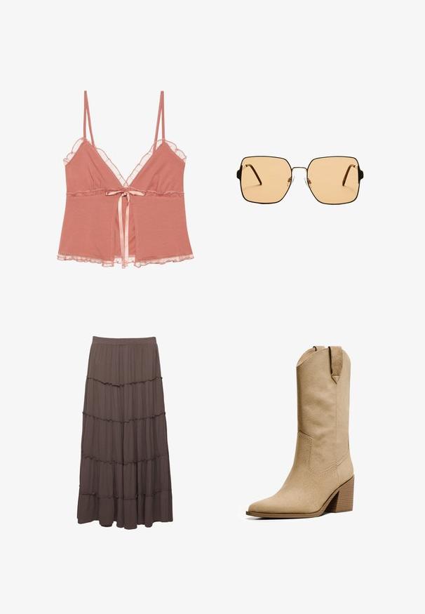 Dusty rose camisole with lace trim, adjustable spaghetti straps, and a satin tie at the waist. Soft fabric with a flowing design.; Brown tiered maxi skirt made of lightweight fabric. Features three horizontal ruffles and an elastic waistband for comfort.; Bershka HIGH-HEEL - Cowboy/Biker boots - beige; Square sunglasses with brown lenses and a thin black metal frame. Features angled temples and adjustable nose pads for comfort.; Pink satin handbag with a gold chain strap and a prominent crystal-encrusted logo on the front. Smooth texture and rounded shape.