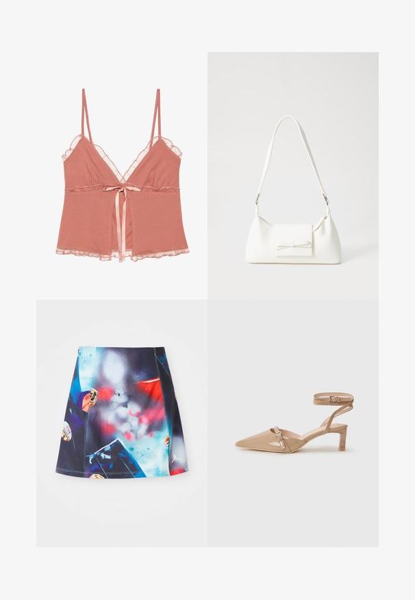 Støvet rosa top med blonder, justerbare spaghetti-stropper, og et satengbånd i midjen. Mykt stoff med en flytende design.; Kort, flerfarget sportskjørt med et levende sprutdesign og detaljer og logoer. Laget av lett, pustende stoff.; Beige lakkert skinnpumps med spiss tå, ankelreim og liten blokkhæl, med dekorativt spenne.; Hvit syntetisk håndveske med trekantet form, flat klaff foran og sløyfe detaljer, justerbar stropp, glatt tekstur og minimalistisk design.