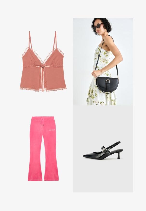 Putna rozā korsetveida blūze ar mežģīnēm, regulējamiem plāniem plecu siksniņām un satīna jostu viduklī. Mīksta auduma plūstoša struktūra.; Rozā platu sviedru bikses, izgatavotas no mīksta materiāla, ar auklu jostasvietā un rhinestone "JUICY" logotipu kreisajā gurnā.; Melnas lakotas ādas sūkņa kurpes ar norādītu purngali un mazu bloku papēdi, ar sudraba sprādzi akcentā uz jostas.; Melnas ādas rokassoma ar izliekta formu, noņemamu siksnu un zelta aksesuāriem. Somai ir vāciņš ar sprādzes detaļu.