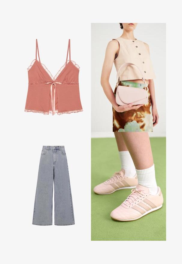 Camisolka w kolorze przykurzonego różu z koronkowym wykończeniem, regulowanymi cienkimi ramiączkami oraz satynowym wiązaniem w talii. Miękka tkanina o luźnym kroju.; Jasnoniebieskie dżinsy w szerokim kroju, wykonane z denimu, z wysokim stanem, czterema kieszeniami i klasycznym zapięciem na guzik, z delikatnym przetarciem.; Jasnoróżowe buty sportowe z ukośnym przeszyciem, białymi podeszwami i trzema bocznymi paskami. Noszone z prążkowanymi białymi skarpetami na zielonej powierzchni.; Różowa skórzana torebka z zakrzywioną klapą, pojedynczym paskiem na ramię i prostymi liniami. Torebka charakteryzuje się gładką teksturą i minimalistycznym designem.