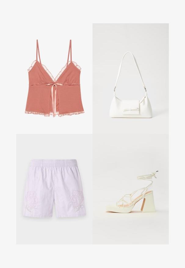 Camisole v barvi prahu rož, z čipkastim robom, nastavljivimi naramnicami in satenskim trakom v pasu. Mehka tkanina z tekočim dizajnom.; Lila bombažna kratka hlače z elastičnim pasom, ki imajo mehak rožnato-zeleni vezenine na levi strani, gladka tekstura, sproščen dizajn.; Bela sandala na visokih petah s debelim petam, ki ima obliko trakcev in vezanje okoli gležnja. Gladka tekstura z platformo spredaj za dodatno višino.; Bela sintetična torbica v obliki trikotnika, z ravnim sprednjim poklopcem in detajlom mašne, nastavljivim trakom, gladko teksturo in minimalističnim dizajnom.