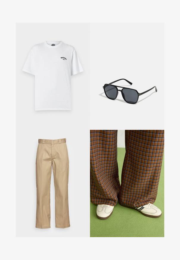 T-shirt en coton blanc, à manches courtes, col rond, avec le logo noir "Dickies" sur la poitrine gauche. Texture lisse, coupe décontractée.; Pantalons kaki avec une coupe droite, fabriqués en tissu robuste, présentant une texture lisse et un devant à double pli pour plus de détails.; Un pantalon large à carreaux marron et bleu associé à des chaussures blanches avec des accents noirs et des semelles texturées, le tout sur fond vert.; Lunettes de soleil noires avec monture octogonale, verres foncés, finition brillante, branches fines et accents dorés sur l'avant.