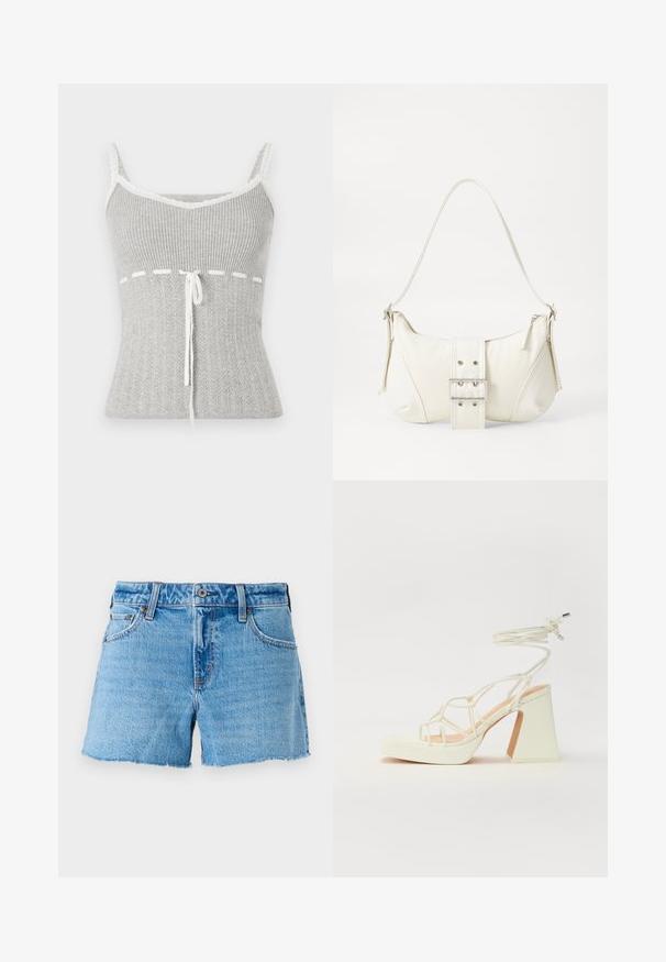 Top sin mangas gris con relieve y encaje, con escote en pico, detalle de lazo en la cintura y una textura que recuerda a un patrón de punto.; Pantalones cortos de mezclilla en azul claro, con un dobladillo sin acabar, diseño de cinco bolsillos y cierre de botón de bronce. Textura suave con ligero desvanecimiento.; Sandalia de tacón alto blanca con un tacón grueso, que presenta un diseño de tiras y un lazo en el tobillo. Textura suave con una plataforma en la parte delantera para mayor altura.; Bolso de hombro blanco con un acabado texturizado, un detalle de hebilla central y una forma curva. Cierres de cremallera a ambos lados.
