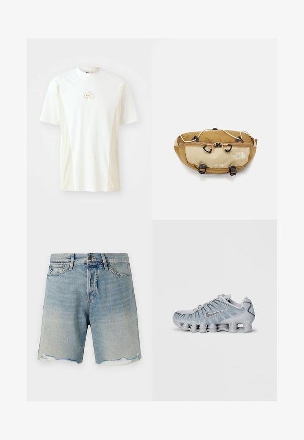 Short-sleeve, crew-neck t-shirt in white and light beige. Features a small gold Nike logo on the chest and a smooth cotton texture.; Denim shorts in light blue with a faded finish. Features a frayed hem and standard five-pocket design. Metal button closure at the waist.; Light gray Nike sneakers with a textured upper, mesh detailing, and a unique cushioned sole featuring multiple rounded pods.; The North Face TERRA LUMBAR 3L UNISEX - Bum bag - utility brown/khaki stone
