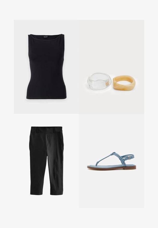 Débardeur noir sans manches en tissu en coton extensible. Il présente un col rond et un design ajusté, avec une texture lisse.; Pantalons noirs courts avec une texture lisse. Dotés d'une taille plate à l'avant et sans poches visibles, conçus pour un ajustement sur mesure.; Sandale en thong en cuir bleu avec une semelle plate, présentant un design de sangle fine et une fermeture à boucle au niveau de la cheville pour un maintien sécurisé.; Bagues en résine claire et ambre, l'une lisse et transparente, l'autre avec une finition texturée en ambre. Les deux présentent des designs arrondis et épais.