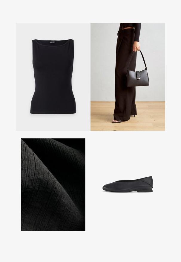 Top negru fără mâneci, realizat dintr-un amestec de bumbac elastic. Dispune de un gât rotund și un design ajustat, cu o textură netedă.; Tissu texturat negru cu un pattern subtil de rigle, ușor reflectant, căzând în pliuri care îi accentuează adâncimea și calitatea tactilă.; Pantofii din piele neagră, cu vârf rotunjit și toc mic, sunt concepuți pentru a fi purtați în stil casual sau elegant.; Genți negre cu o formă structurată, textură netedă și un închizător metalic. Asortată cu pantaloni negri largi și sandale cu vârf deschis pe un podea din lemn.