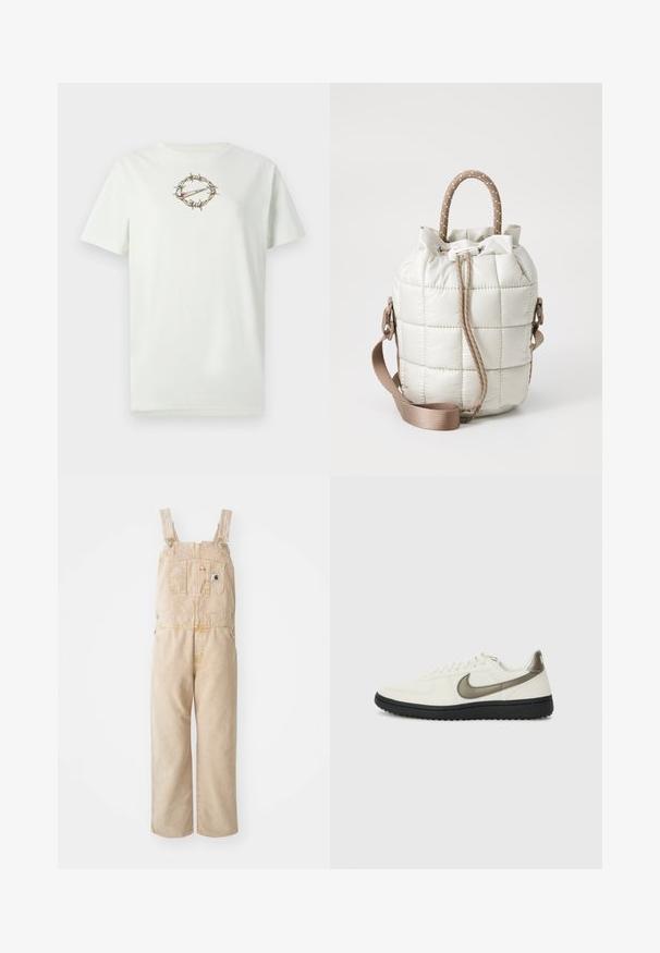 Vaaleanvihreä puuvillainen t-paita, jossa keskellä piikkilanka ympäröimässä logoa. Pyöreä pääntie ja lyhyet hihat. Pehmeä pinta.; Kaurinväriset haalarit, jotka on valmistettu kestävästä kankaasta, varustettu säädettävillä olkaimilla, etutaskulla ja leveillä lahkeilla, joilla on hieman haalistunut pinta.; Nike Sportswear FIELD GENERAL - Matalavartiset tennarit - off-white/black; Pussi vaaleanbeige, tikkikuvioitu laukku, jossa on kiristettävä suuosa, punottu kahva ja irrotettava hihna. sileä rakenne, jossa on pehmeä kiilto.