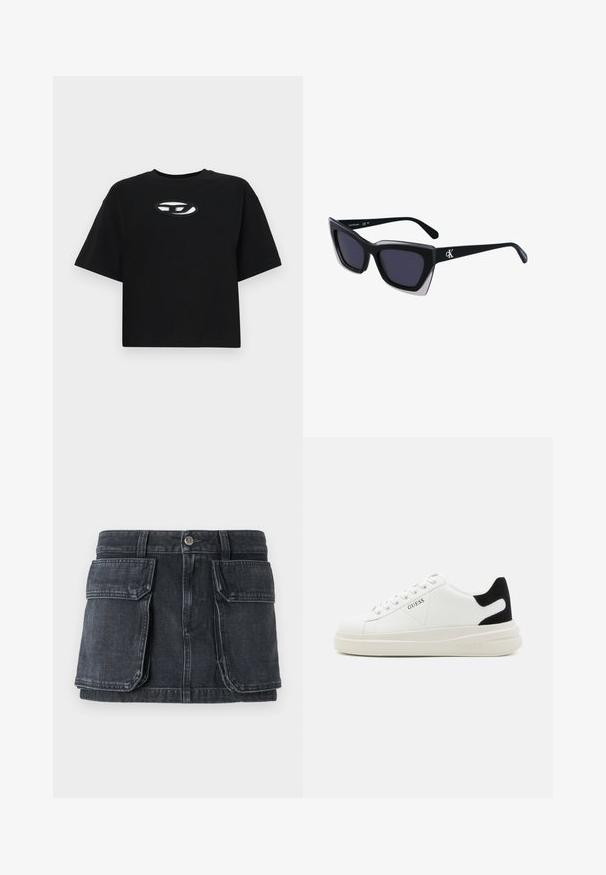 Svart bomulls T-skjorte med forkortet design, korte ermer og rund hals. Har en kontrastfarge oval logo på brystet.; Svart denimskjørt med en tettsittende midje, knappelukking, to store frontlommer og kontrasterende sømdetaljer.; Hvite lær sneakers med tykk hvit såle, svart semsket hælforsterkning og preget logo på siden. Snøresystem med seks hull.; Store svarte solbriller i overdimensjonert størrelse med geometrisk form, med mørke linser og en kontrasterende grå detalj på rammen. Logo på armen.