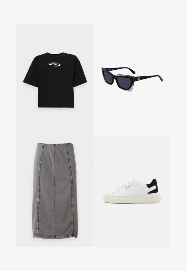 Melnas kokvilnas T-krekls ar īsu dizainu, īsām piedurknēm un apaļu kakla izgriezumu. Uz krūšu daļas ir kontrastējošs ovāls logo.; Pelēka džinsa zīmuļsvārki ar taisnu griezumu, redzamām vīlēm un gludu tekstūru ar nedaudz sašaurinātu apakšmalu.; Baltas ādas sporta apavi ar biezu balto zoli, melna zamša uzpura un izspiestais logotips sānos. Šņorējuma dizains ar sešiem acu caurumiem.; Melni pārmēru saulesbrilles ar ģeometrisku formu, kas aprīkotas ar tumšiem stikliem un kontrastējošu pelēku akcentu uz rāmja. Logo uz kājas.; Sudraba riņķveida auskari ar gludu, spīdīgu apdari. Apaļas formas, viegla dizaina, ar aizdari uz stieples.