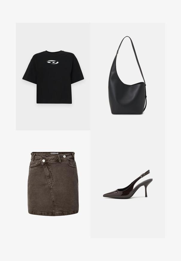 Juodas medvilnės marškinėliai su trumpu dizainu, trumpomis rankovėmis ir apvalia iškirpte. Pasižymi kontrastingu ovaliu logotipu krūtinėje.; Tamsiai ruda džinsinė mini sijonas su apvalkalu priekyje, metaliniais mygtukais ir penkių kišenių dizainu.; Blizganti tamsiai ruda lakinės odos aukšto kulno bateliai, smailus nosis, atviros šoninės dalys ir reguliuojamas kulkšnies dirželis.; Juodas odinis hobo maišas su lygiu paviršiumi, kreipta forma ir viena reguliuojama rankena; turi platų atidarymą viršuje.