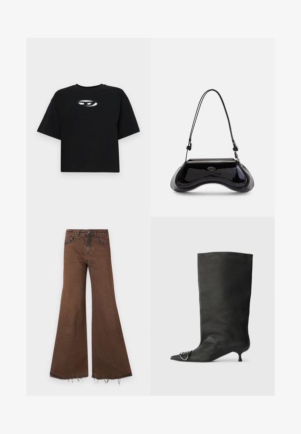 Musta puuvillapaita, jossa on lyhennetty muotoilu, lyhyet hihat ja pyöreä pääntie. Paidassa on kontrastivärinen soikea logo rinnassa.; Ruske flare-jeansit raakapäällä, joissa on viisi taskua ja metalliosat. Kangas näyttää hieman kuluneelta, mikä parantaa rakennetta ja yksityiskohtia.; Musta nahkainen nilkkabootsi, jossa on terävä kärki, pieni korko ja metallinen korostus kärjessä. Pehmeä, mattapintainen rakenne kauttaaltaan.; Diesel PLAY CROSSBODY - Olkalaukku - black