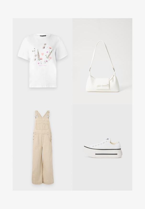 Valge puuvillane T-särk, millel on roosad ja rohelised lillemustrid, keskel südame graafika ning tekst "depuis 1887" helesinises värvitoonis.; Beige triibulised sukkpüksid laia säärtega, millel on reguleeritavad rihmad, metallnupud, eesmine tasku ja rinna-tasku.; Valge kangast platvormi tossud musta kummitaldaga, ümmarguse varbaga ja metallist silmadega, mis omavad lihtsat ja puhta disaini.; Valge sünteetilisest materjalist kott kolmnurkse kujuga, lame esiklapiga ja kaaredetailiga, reguleeritava rihmaga, sileda tekstuuriga ja minimalistliku disainiga.