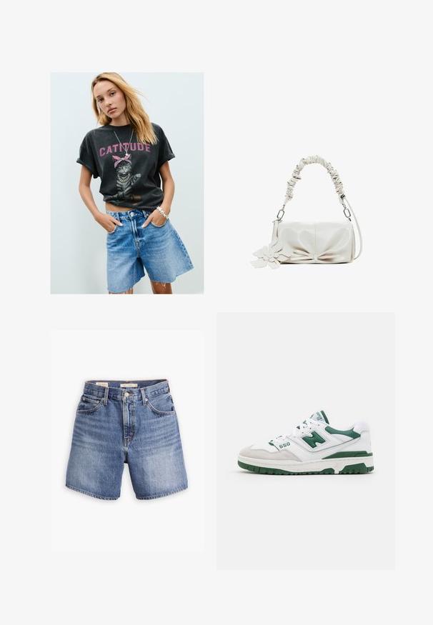 T-shirt grafico nero con un gatto che indossa un bandana rosa e la scritta "CATTITUDE", abbinato a pantaloni shorts in denim blu chiaro e un braccialetto a forma di stella argentata.; Shorts in denim di blu medio, con design classico a cinque tasche, chiusura con bottone e gamba dritta. Texture leggermente sbiadita in tutto il capo.; Scarpa sportiva bianca con accenti verdi, in pelle e camoscio testurizzati, dettagli perforati, colletto imbottito e suola in gomma. Numero di modello 550.; Borsa a mano in pelle bianca con manico arricciato, dettaglio a fiocco sulla parte anteriore e un accento floreale attaccato. Texture liscia e forma rettangolare.