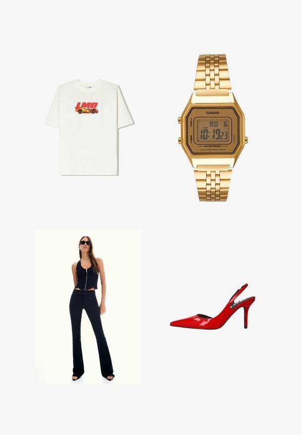 T-shirt en coton blanc avec un graphique de voiture rouge et jaune portant le texte "LMQ 95". Manches courtes, coupe décontractée, col rond.; Top noir cropped avec fermeture éclair à l'avant, associé à un pantalon noir évasé taille haute. La mannequin porte des lunettes de soleil noires et des sandales à talons.; Pomp en cuir verni rouge avec un bout pointu et un talon aiguille élégant, présentant un design découpé sur les côtés.; Montre numérique dorée avec un cadran rectangulaire, écran LCD, bracelet en acier inoxydable et boutons sur le côté. Présente un label résistant à l'eau.