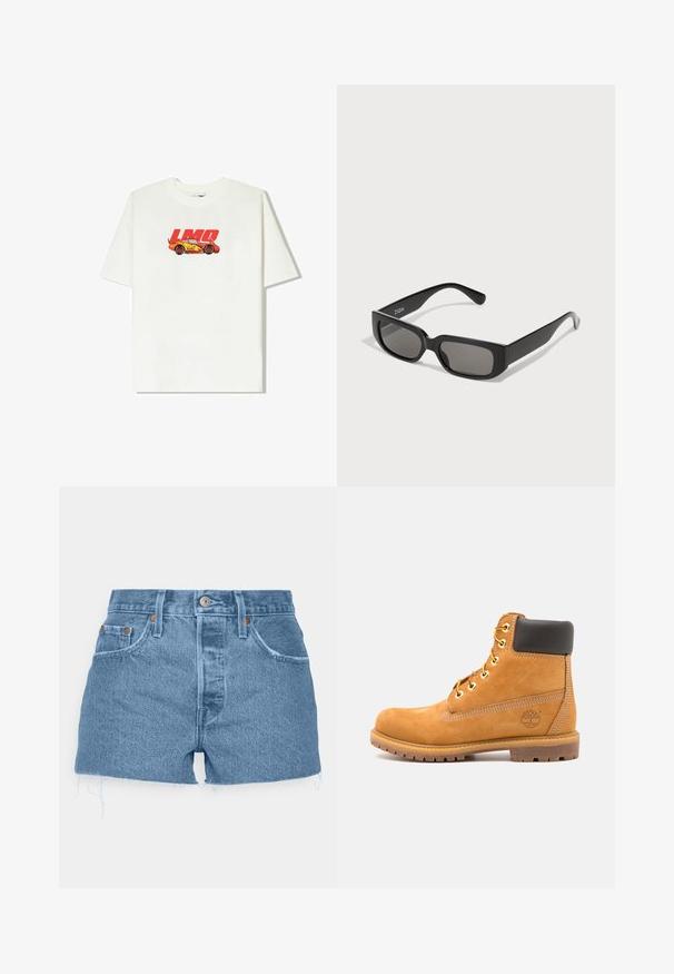 Vit bomulls t-shirt med en bilgrafik i röd och gul färg med texten "LMQ 95". Korta ärmar, avslappnad passform, rund halsringning.; Levi's® 501® ORIGINAL - Jeansshorts - ojai light stone; Brun läderankelboot med svart vaddering, gyllene öglor och en texturerad sula. Har en cirkulär logotyp på sidan och sömnadsdetaljer.; Svarta rektangulära solglasögon med gråtonade linser, tillverkade av slät plast. Har en minimalistisk design med raka skalmar och subtil märkeslogotyp.; Guld digital klocka med rektangulärt urtavla, LCD-display, armband i rostfritt stål och knappar på sidan. Har en vattenresistent märkning.