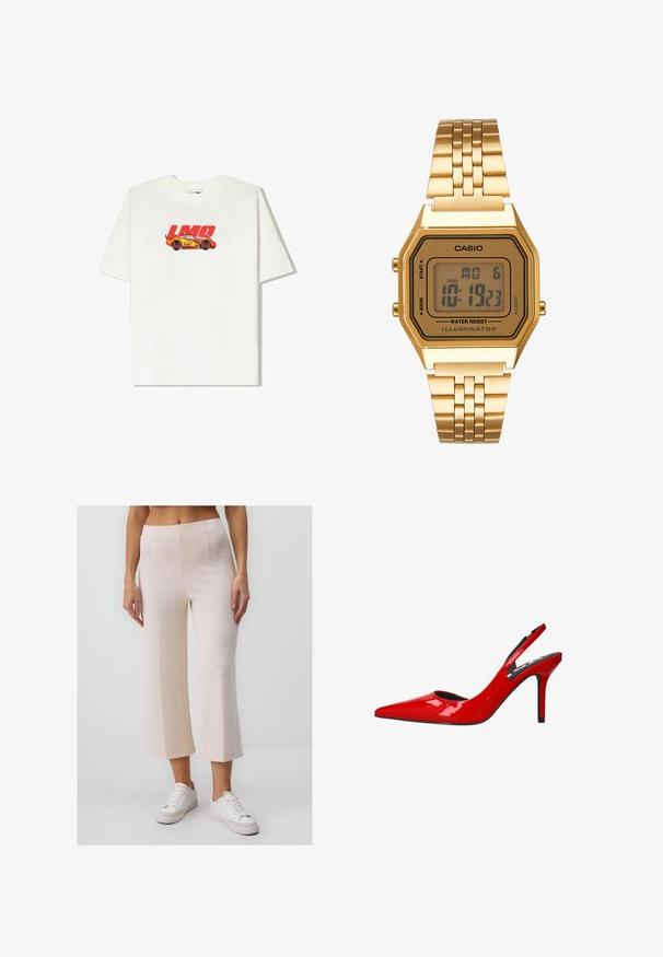 White cotton t-shirt featuring a red and yellow car graphic with "LMQ 95" text. Short sleeves, relaxed fit, round neckline.; Light pink cropped pants made of soft fabric. Features a smooth texture, tailored fit, and subtle vertical stitching for added detail.; Red patent leather slingback pump with a pointed toe and a sleek stiletto heel, featuring a cutout design at the sides.; Gold digital watch with a rectangular face, LCD display, stainless steel band, and buttons on the side. Features a water-resistant label.