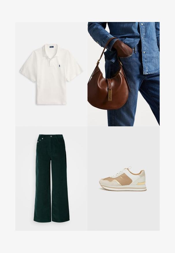 Camiseta polo branca em algodão, com gola com colarinho, abertura com dois botões e um pequeno logotipo azul-marinho no lado esquerdo do peito.; Calças de brim de perna larga em verde escuro, apresentando uma superfície texturizada, bolsos frontais e fecho com botão de metal. Sem adornos visíveis.; Sapatilhas brancas e bege com detalhes em dourado, tecido texturizado e couro liso. Apresenta uma sola grossa e um design com atacadores.; Bolsa hobo de couro castanho com forma arredondada, apresentando um acabamento em metal dourado e costura em contraste. Combinada com uma camisa de ganga e jeans.