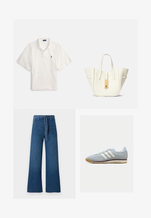 Bela bombaža polo majica s ovratnikom, dvema gumboma na sprednjem delu in majhnim mornarsko modrim logotipom na levi strani prsi.; TOM TAILOR DENIM TTMIJA CULOTTE - Kavbojke na trapez - used mid stone blue denim; Svetlo modri semiš copati s belimi tremi črtami, gumijastim podplatom in teksturirano mrežico. Imajo gladek pokrov prstov in blagovno znamko na peti.; Bela usnjena torba z obliko, ki ohranja strukturo, izrazitim šivom, zlatim kovinskim dodatkom in dvema ročkama. Teksturna površina s stranskimi žepi.
