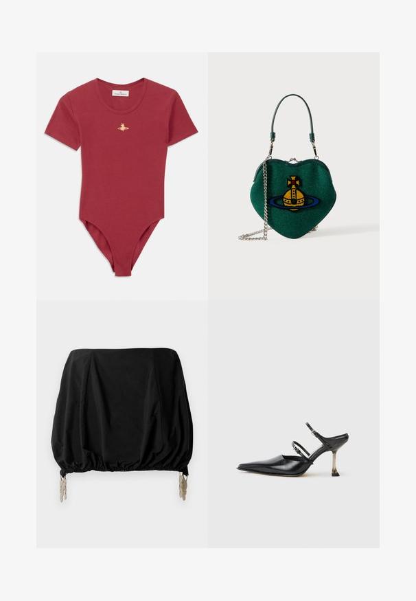 Body curto de manga curta e azul com gola redonda e pequeno logo dourado da Vivienne Westwood ao centro do peito.; Top corto preto com um design franzido, apresentando uma bainha elástica e clipes metálicos como accents. Feito de um tecido leve.; Sapatilha slingback preta de couro com bico fino, duas alças ajustáveis e um salto metálico. Textura suave e design minimalista.; Mala de mão verde em forma de coração com emblema de planeta amarelo e azul, alça curta e tira de corrente prateada sobre fundo branco.
