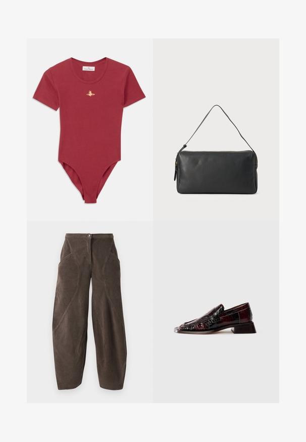 Červený krátký rukáv žebrovaný body s kulatým výstřihem a malým zlatým logem Vivienne Westwood na středu hrudníku.; Hnědé široké manšestrové kalhoty s vysokým pasem, předním zapínáním na knoflík a šikmými švy na nohách.; Tmavě burgundové lakované kožené mokasíny s texturovaným povrchem, nízkým blokovým podpatkem a klasickým detailem v podobě příčné pásky, zobrazené z boku.; Černá kožená taška s štíhlým obdélníkovým tvarem, zipovým uzávěrem a jedním popruhem přes rameno. Má hladkou strukturu a minimalistický design.