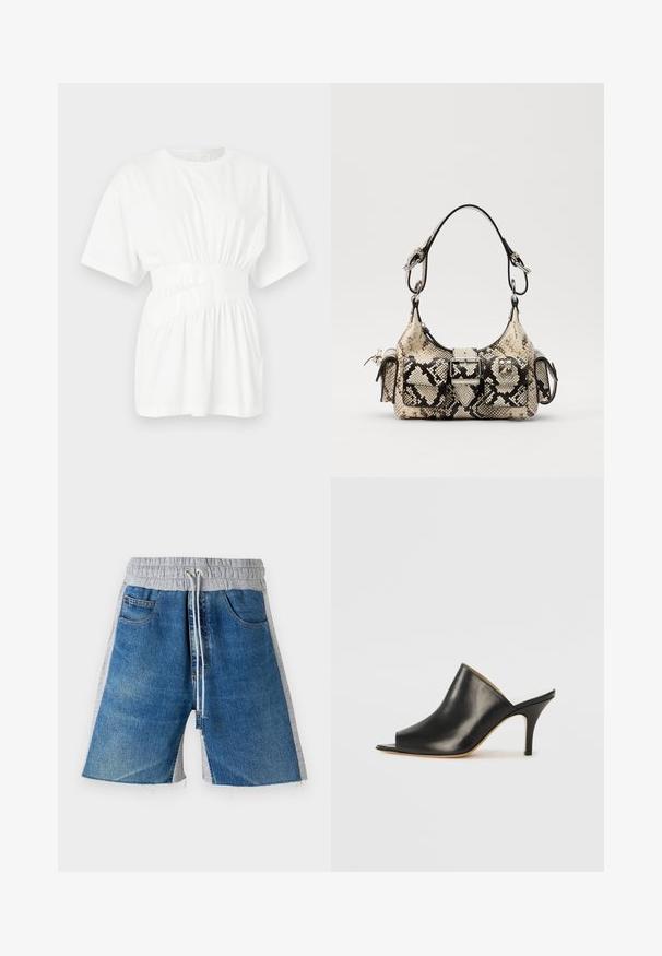 T-shirt blanc à manches courtes en coton lisse. Il présente une taille froncée avec une ceinture brillante et un col rond. Design simple.; Shorts en denim avec une taille élastique grise, dotés d'un cordon de serrage. Le design comprend des poches latérales et un aspect bicolore.; Mule ouverte en cuir noir avec un design élégant et courbé, un talon aiguille haut et une texture lisse. L'intérieur présente une couleur claire contrastante.; Sac à main Python en beige et noir, avec une forme structurée, un détail à boucle et des doubles poignées. Surface texturée.
