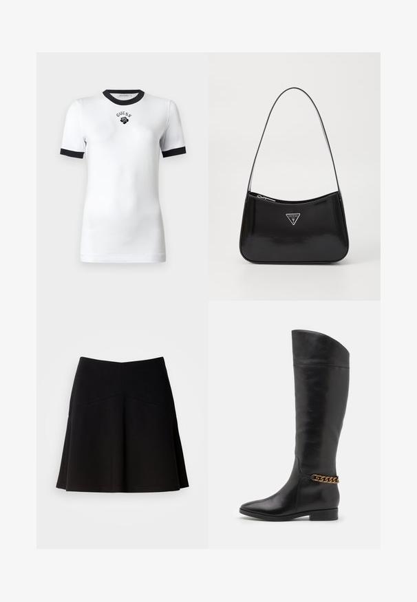 Fehér, rövid ujjú póló fekete gallérral és mandzsettával, amelyen a mellkason a "GUESS" felirat és egy rózsa grafika található.; Fekete, harangszoknya puha anyagból, illeszkedő derékkal és varrás részletezéssel. Sima felület, egyszerű, klasszikus dizájn.; Magas fekete bőrcsizma áramvonalas dizájnnal, hegyes orral és arany lánc díszítéssel a bokán. Alacsony, tömbsarkú. Sima felület.; Fekete lakkbőr válltáska ívelt formával, ezüst háromszög logóval és cipzáros záródással. Simaság jellemzi és vékony pántja van.