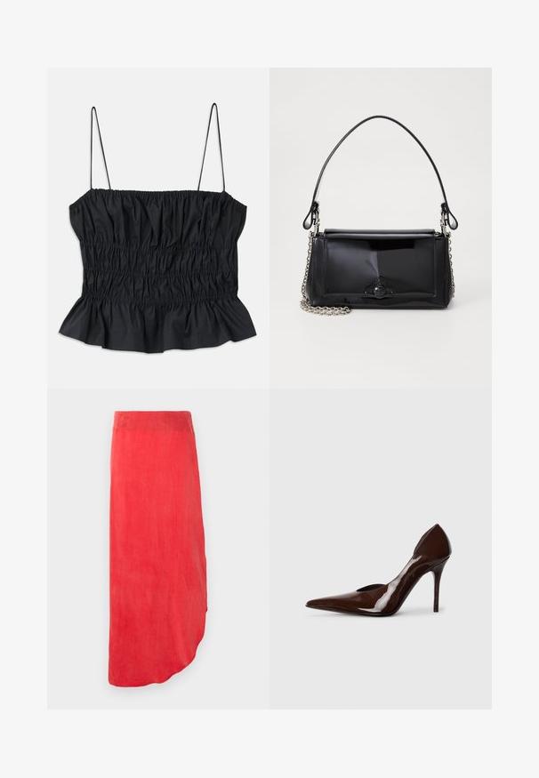 Haut court noir avec fronces élastiques sur toute la surface, fines bretelles réglables et ourlet volanté ; fabriqué à partir d'un textile lisse.; Jupe rouge, longueur cheville en tissu léger et lisse. Présente un ourlet incurvé et une couleur unie sans motifs ni ornements visibles.; Talons hauts en cuir verni marron avec un bout pointu et des côtés découpés, présentant un talon fin et une finition lisse.; Sac à main en cuir verni noir de forme rectangulaire, avec une chaîne en bandoulière et un accent matériel distinctif au centre. Texture lisse.
