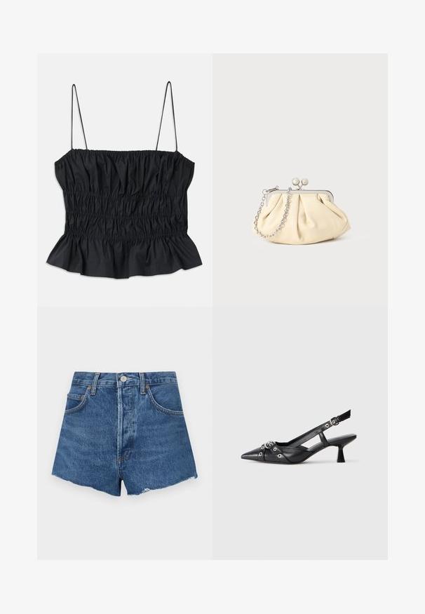 Black crop top featuring elastic ruching throughout, thin adjustable straps, and a ruffled hemline; made from a smooth textile.; Denim shorts in medium blue with a frayed hem, featuring front pockets and a button closure. Heavyweight texture with slight fading.; Black leather slingback shoe with a pointed toe, decorative straps featuring metal eyelets, and a low block heel. Textured surface.; Pleated beige leather clutch with a silver metal frame, featuring two round decorative clasps and a silver chain strap.
