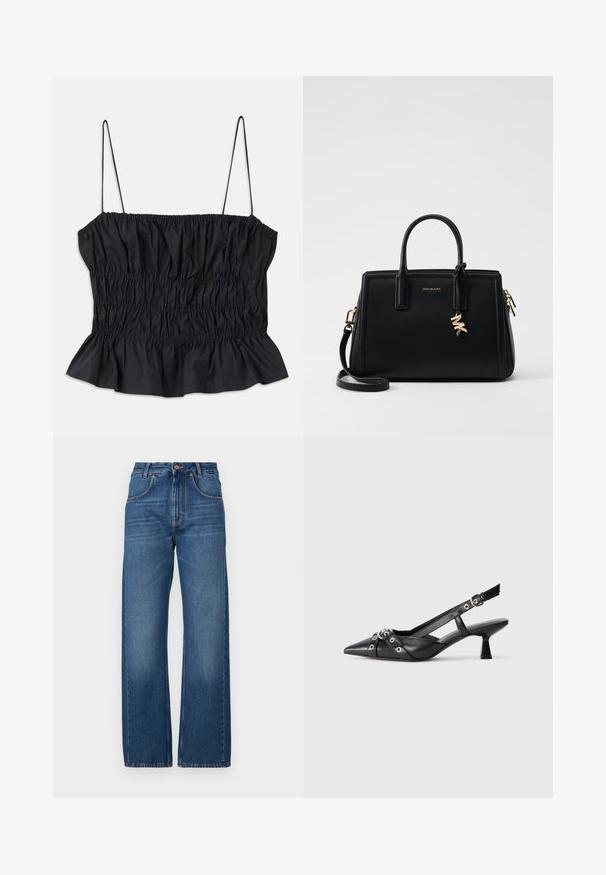 Zwart crop top met elastische rimpeling over de hele stof, dunne verstelbare banden en een gerimpelde zoom; gemaakt van een gladde textiel.; Hoge taille, wijde jeans in donkerblauwe denim. Voorzien van zichtbare stiksels, twee voorzakken en een enkele knoopsluiting in de taille.; Zwarte leren slingback schoen met een puntige neus, decoratieve banden met metalen oogjes en een lage blokhak. Textuur oppervlak.; Zwarte leren handtas met gestructureerd ontwerp, dubbele handvatten aan de bovenkant, afneembare schouderband, gouden hardware en een logo charm accent.